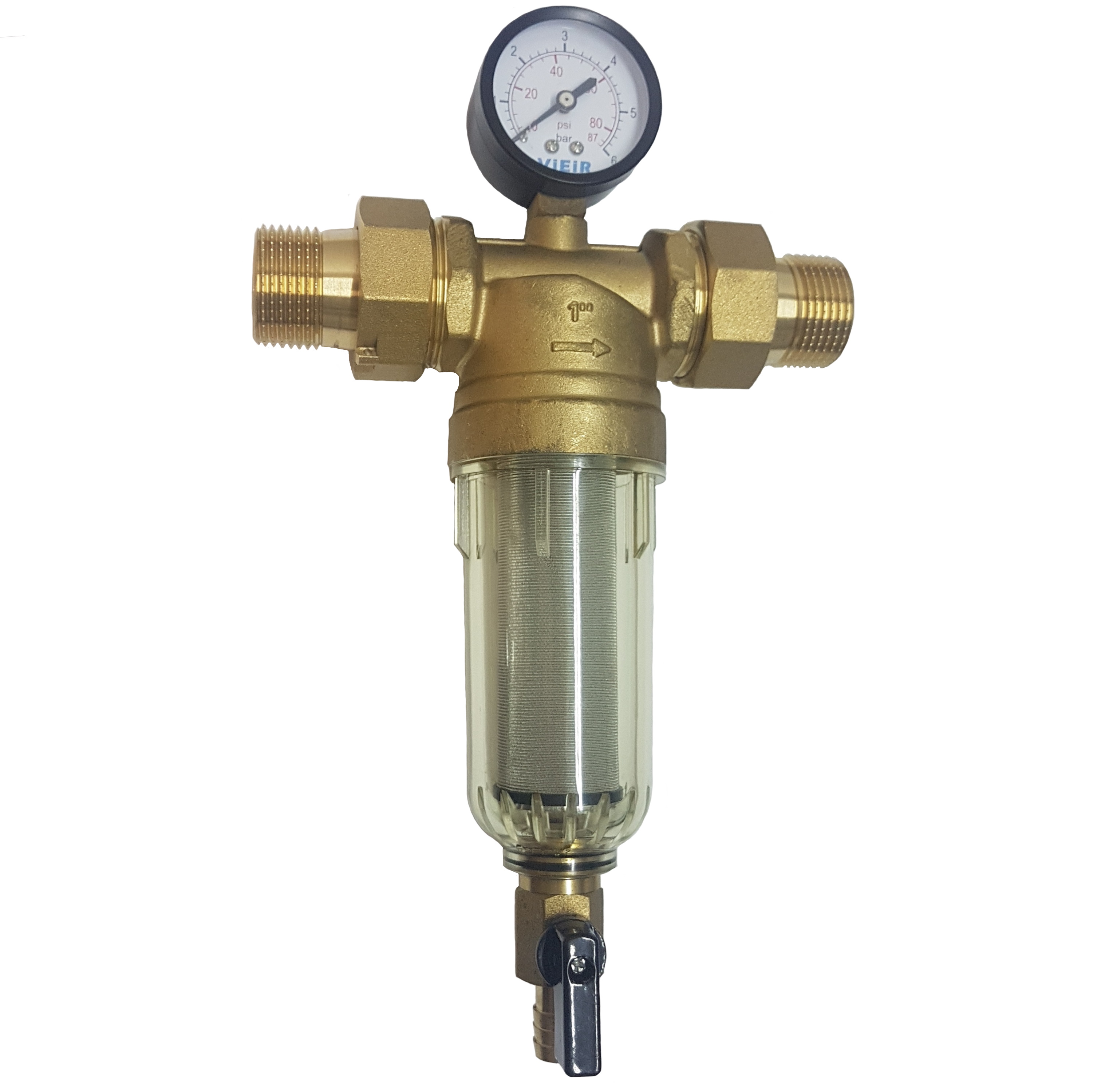 Самопромывной фильтр «VIEIR» для холодной воды с манометром (прозрачная колба) -1"